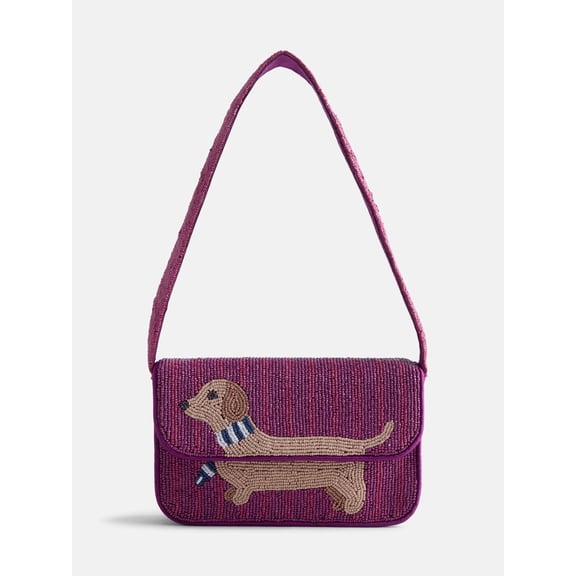 Free Assembly Women's Beaded Dachshund Flap Shoulder Bag, Maroon