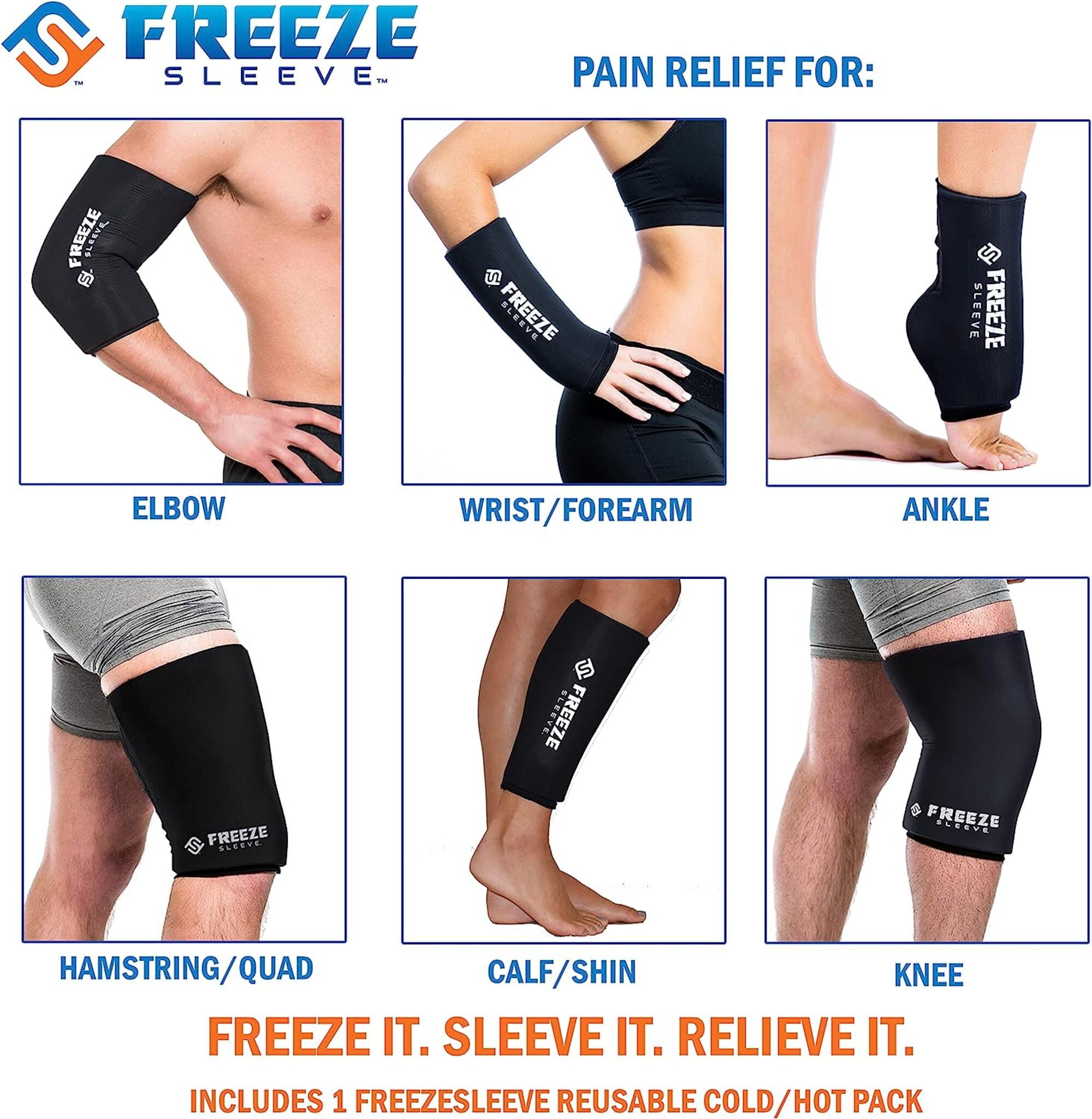 (2 pack) Freeze Sleeve Therapy Compression Sleeve Brace for Knee, Elbow, Ankle, Wrist, Black, Unisex, Large