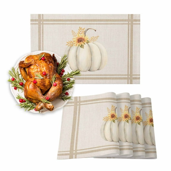 Fall Placemats Set of 6 White Pumpkin Place Mats Thanksgiving Placemat Sunflower Khaki Stripes Table Mats for Dining Kitchen Table Holiday Dinner Party Home Fall Decorations 13x19 Inch