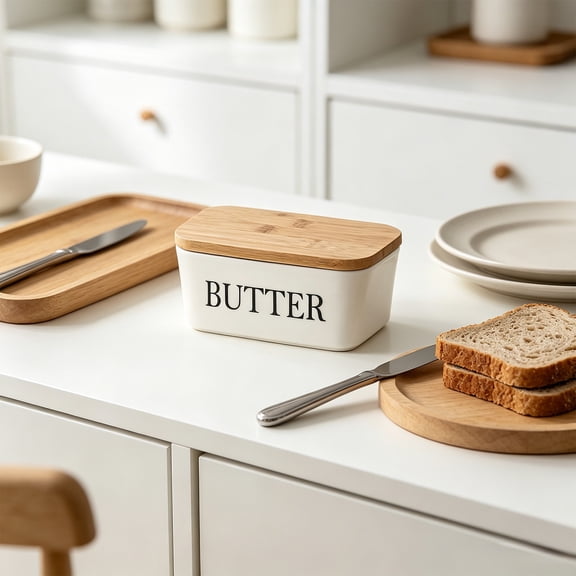 Butter Dish with Lid,Butter Keeper with Thick Wood Lid,Large Ceramic Butter Container, Kitchen Decor and Accessories for Kitchen Gifts