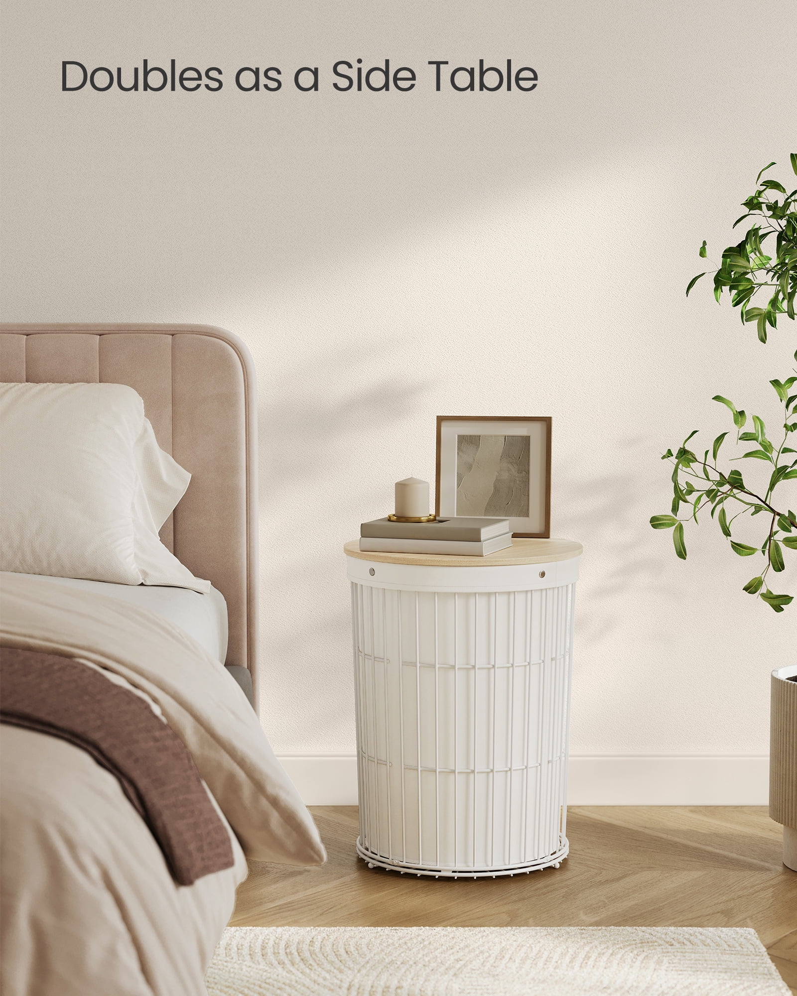 SONGMICS Laundry Hamper with Lid, Round, 25 Gallons (95 L), Versatile, Removable Fabric Liner, Large Capacity, Cream White