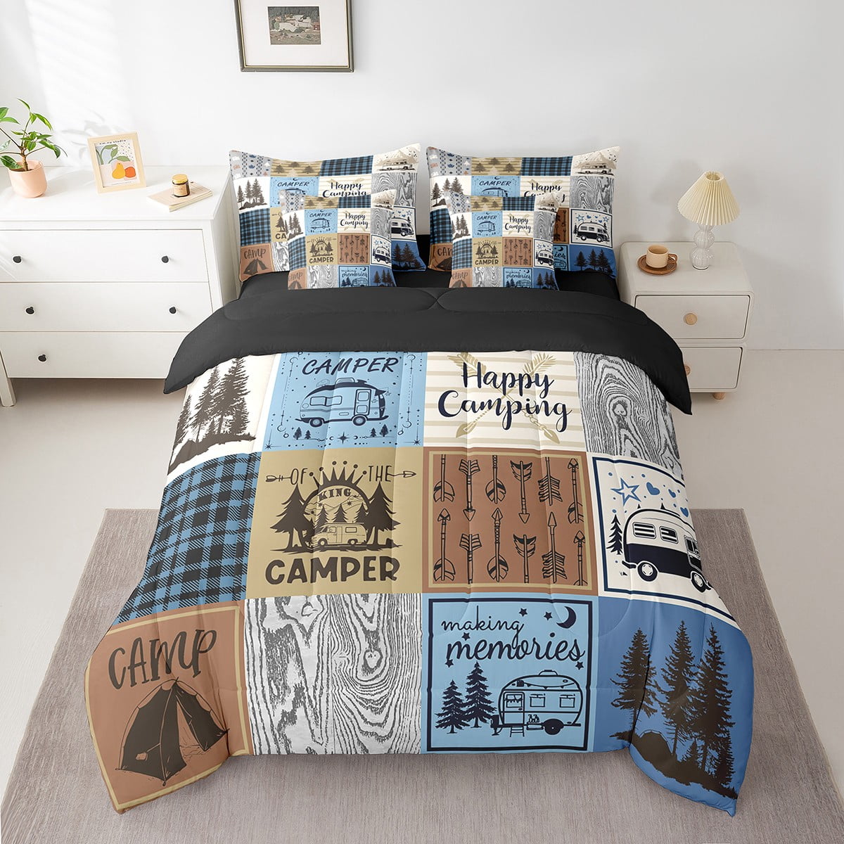 YST Happy Camping Bedding Set Queen Rv Camper Comforter Set 7 Piece For Travel Trailers Bunks,Rustic Buffalo Plaid Pine Trees Camper Car Decor Bed In A Bag Rv Accessories For Inside Bed Set