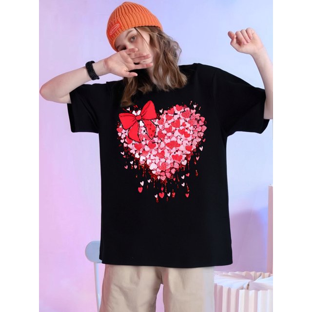 Camiseta deportiva de algodón de estilo informal con estampado de lazo en forma de corazón "Feliz Día de San Valentín"