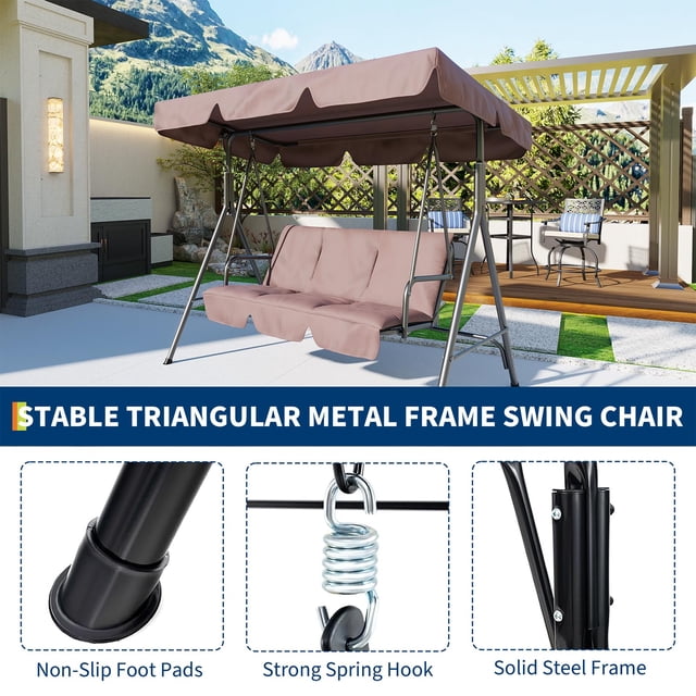 Chaise Balançoire de Porche Extérieure à 3 Places – Auvent Imperméable Réglable, Cadre en Acier Robuste, Coussins Résistants aux UV, Berceuse Capacité de 500 Lb – Patio, Jardin, Cour Arrière, Balcon – Brun Foncé