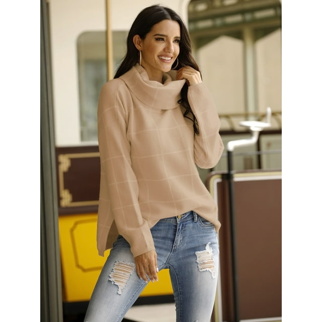 Pull d'Hiver 2020 pour Femmes Col Roulé Manches Longues Pull à Carreaux Fente Latérale Haut Ample