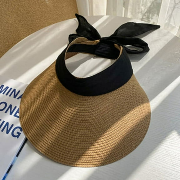 SikaFu Women Summer Sun Hat Ladies Wide Brim Visor Cap Adjustable Black Bow Sun Visor Hat Female Packable Beach Cap Straw Hat
