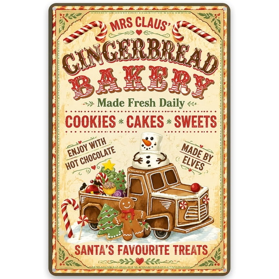 Metal Gingerbread Bakery Sign 8x12 Inch | Mrs Claus' Holiday Wall Decor | Vintage Rustic Iron Art with Pre-Drilled Holes | Indoor Outdoor Christmas Kitchen Decoration | Weather Resistant Finish