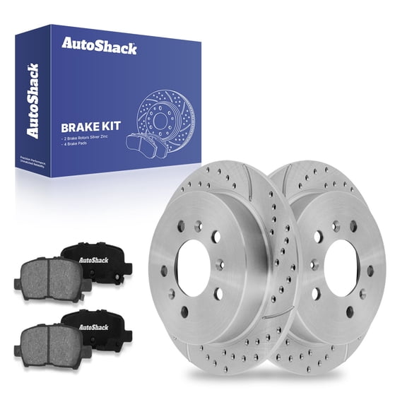 AutoShack 10.93" (277.6 mm) Rear Solid Drilled & Slotted Brake Rotors Coated   Premium Ceramic Brake Pads | Replacement for 2010 Chevy Impala | Silver Zinc Coated | 6-PC Brake Kit | SilverShield Pro