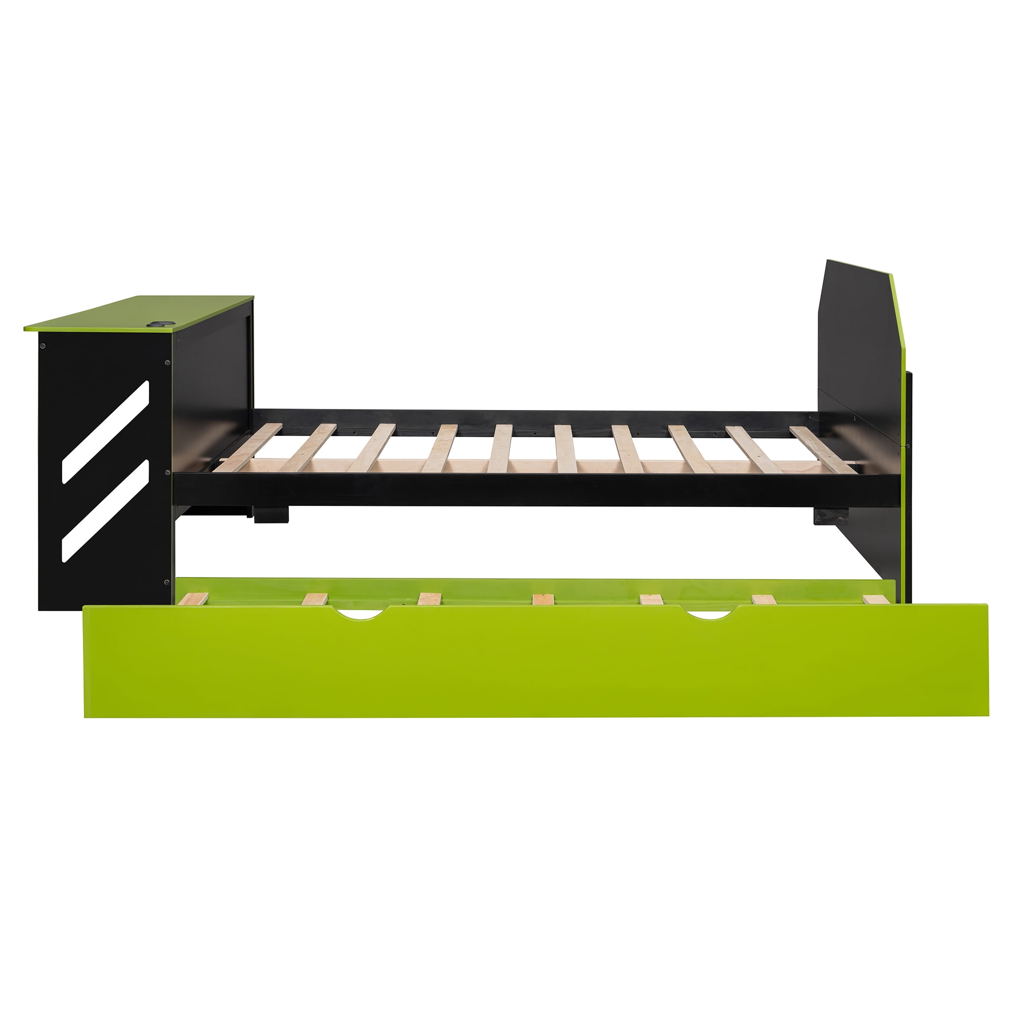 Mintazer Full Size Gaming Daybed with Pull-Out Twin Size Trundle & Desk, Platform Bed Frame with USB for Bedroom Dorm, Black & Green