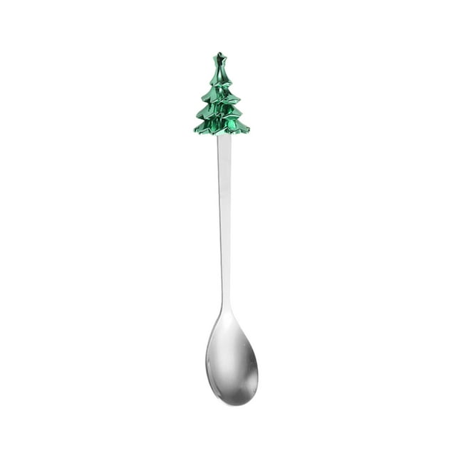 Stainless Steel Christmas Tree Shaped Dessert Spoon 5.51 in Green Gold Silver Finish