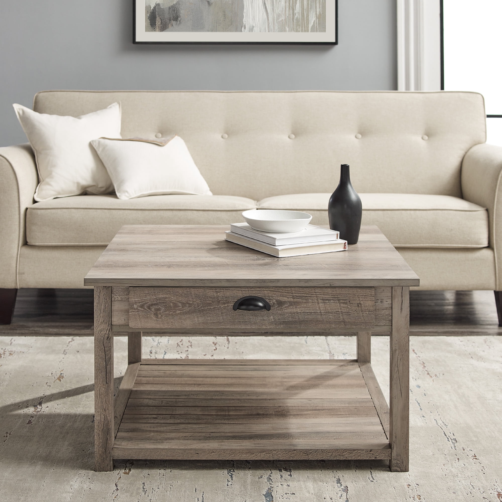 Walker Edison Modern Farmhouse Grooved Shelf Coffee Table, Grey Wash