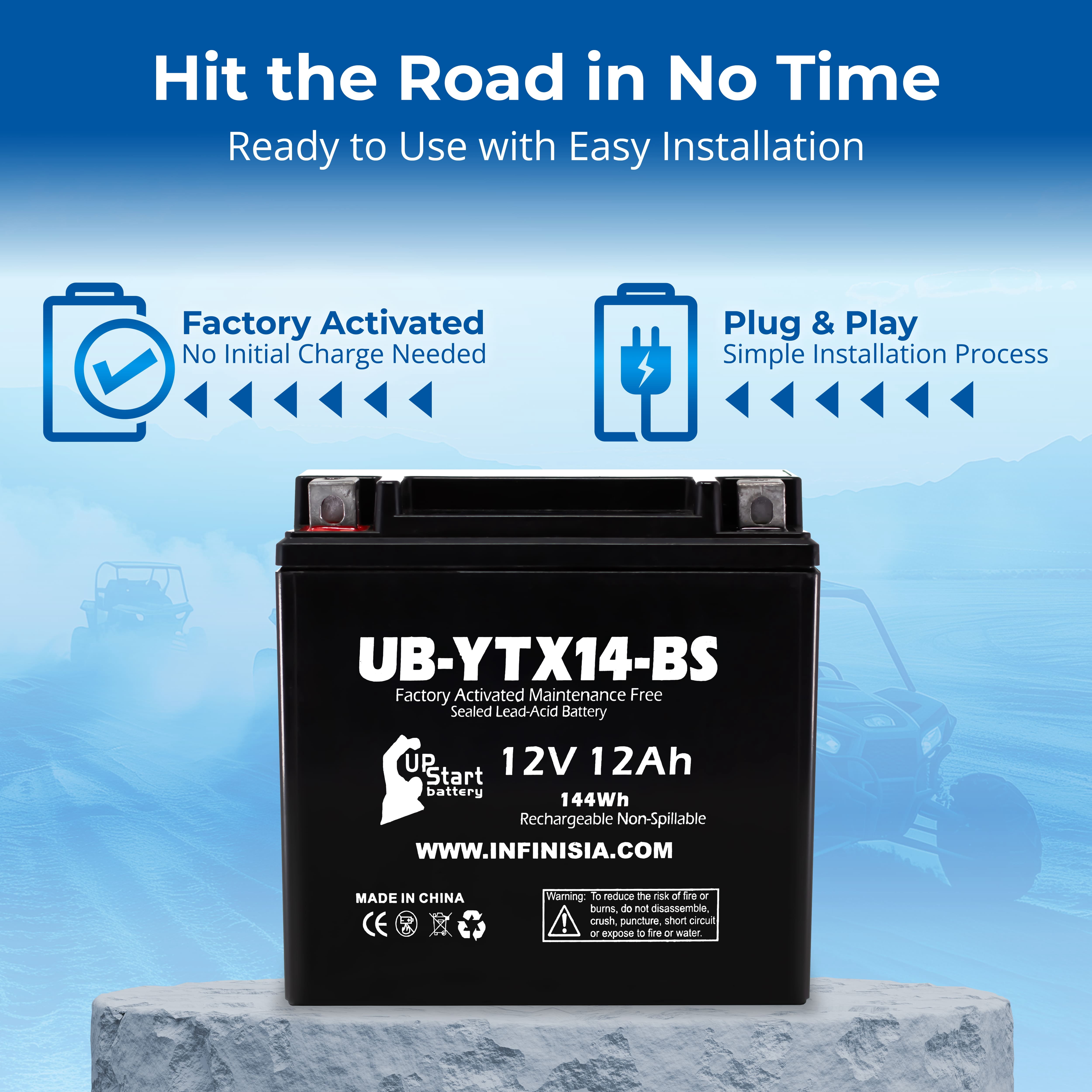 YTX14-BS 12V 12AH Sealed Lead Acid AGM Battery for Motorcycles, ATVs, UTVs, Snowmobiles - Fits Honda Rancher 350, Buell Blast, Yamaha, and More - Powersports Battery