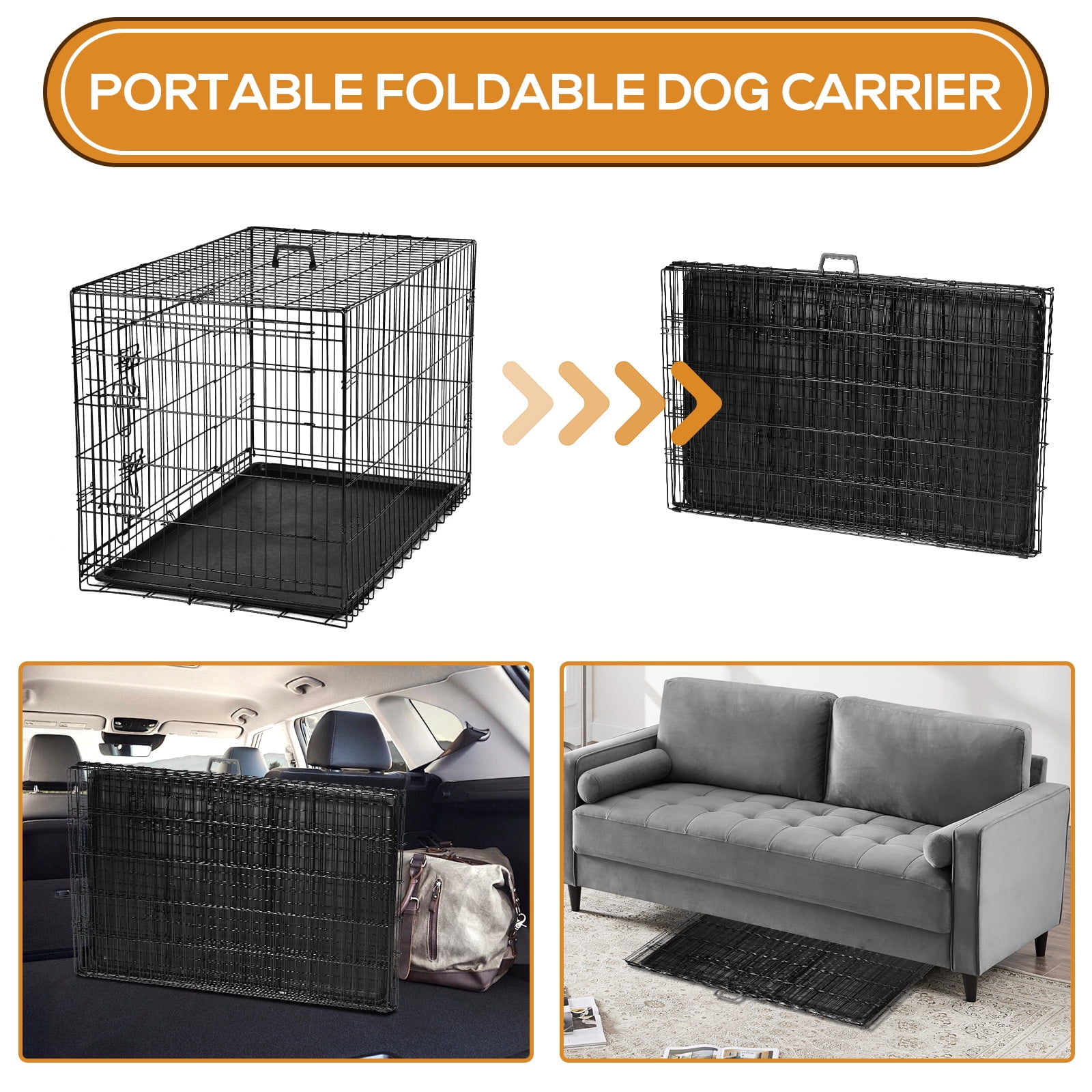 Dog Crate, 36 Inch Small Wire Kennel with Divider Panel, Metal Cages with Double Door, Leak-Proof Pan Tray, Folding Portable for Indoor Outdoor Travel