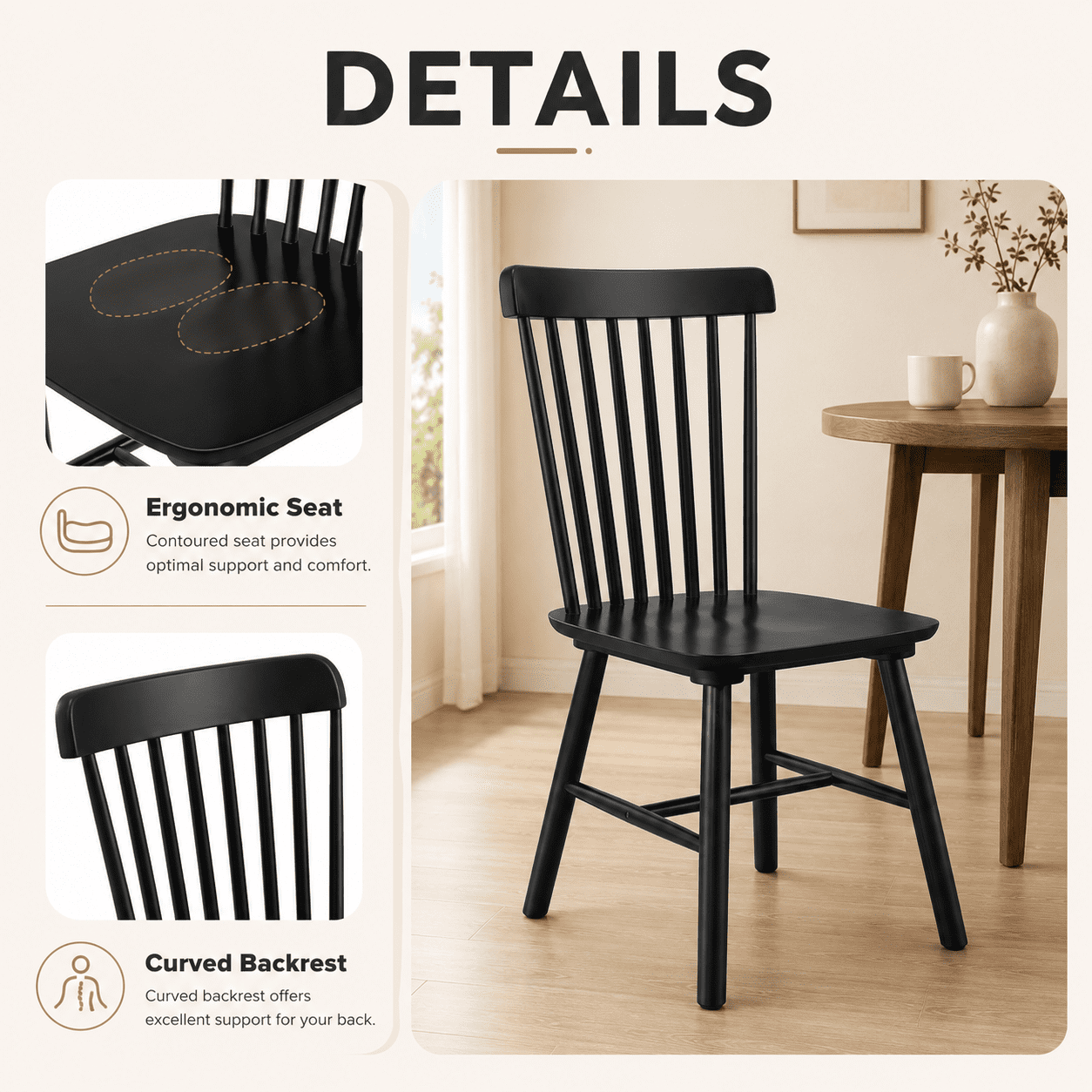 Fancrou Farmhouse Windsor Dining Chairs Set of 4, Spindle Back Wood Chairs for Kitchen and Living Room, Country Style Restaurant Seating, Black
