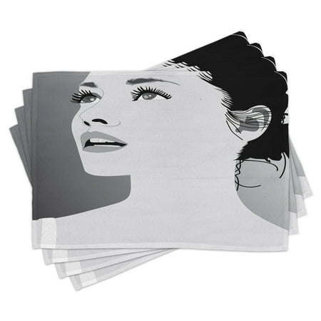 

Girls Placemats Set of 4 Young Gentle Woman with Make Up Looking in Digital Stylized She Artsy Graphic Print Washable Fabric Place Mats for Dining Room Kitchen Table Decor Black Grey by Ambesonne