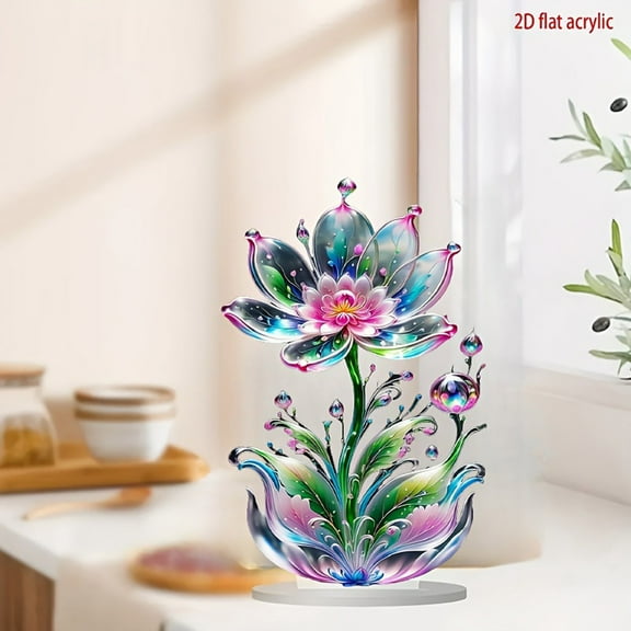 Crystal Lotus Flower Flat Acrylic Ornament Engraved Art Piece for Desk Home Office Decor Gift with Base Modern Decorative Panel