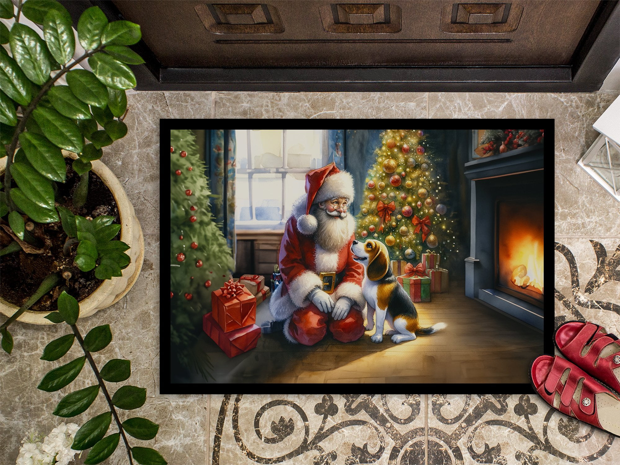 Caroline's Treasures DAC4064JMAT Beagle and Santa Claus Doormat Front Door Mat Indoor Outdoor Rugs for Entryway, Non Slip Washable Low Pile, 24H X 36W