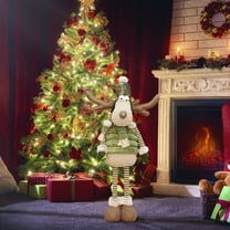 Christmas Reindeer Doll, Green Fabric Four-Legded Standing Decoration for Holiday Mantle and Tabletop Decor