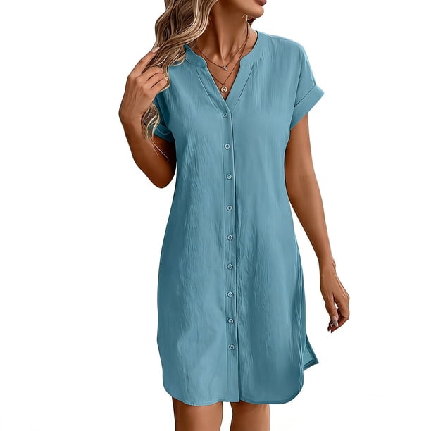 Vestido de Verano de Manga Corta para las Mujeres con Cuello en V Botón Delantero de Color Sólido Mini Vestido Casual, Mini Vestido de Manga Corta