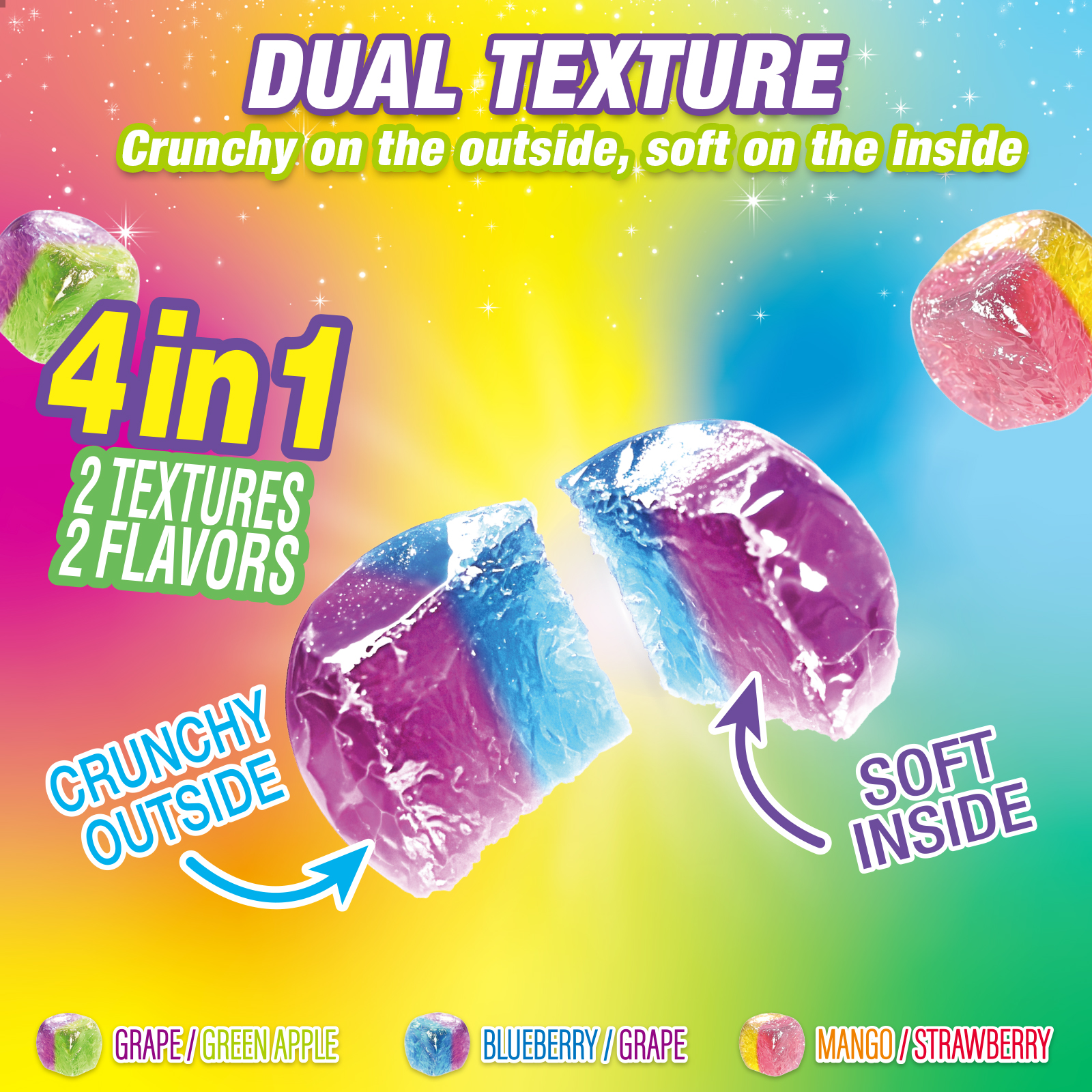Amos 4D Gummy Candy, Assorted Flavor Candy Crystal Gummy 4 in 1, Fat-Free 3.53 oz(1 Pack)