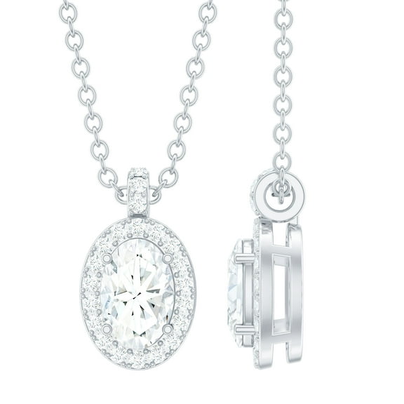 Rosec Jewels Oval Shape Moissanite Pendant Necklace with Halo for Women (D-VS1 Grade), 925 Sterling Silver