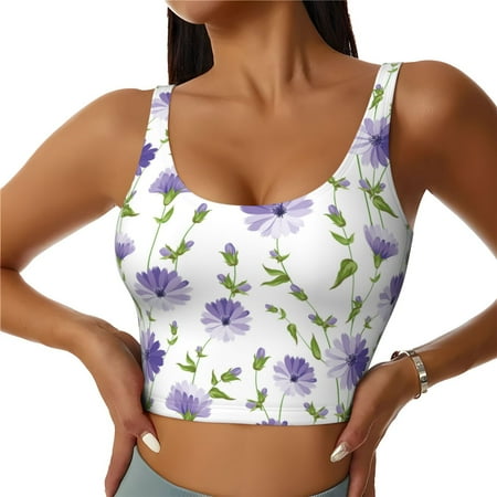 Jgfou Purple Chicory Print Womens Sports Bra - Padded Workout Sports Bras Crop Tank Top