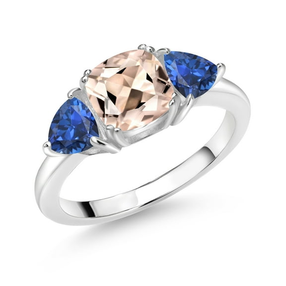 Gem Stone King 925 Sterling Silver Peach Morganite and Blue Created Sapphire 3 Stone Engagement Ring for Women (2.38 Cttw, Gemstone October Birthstone, Size 6)