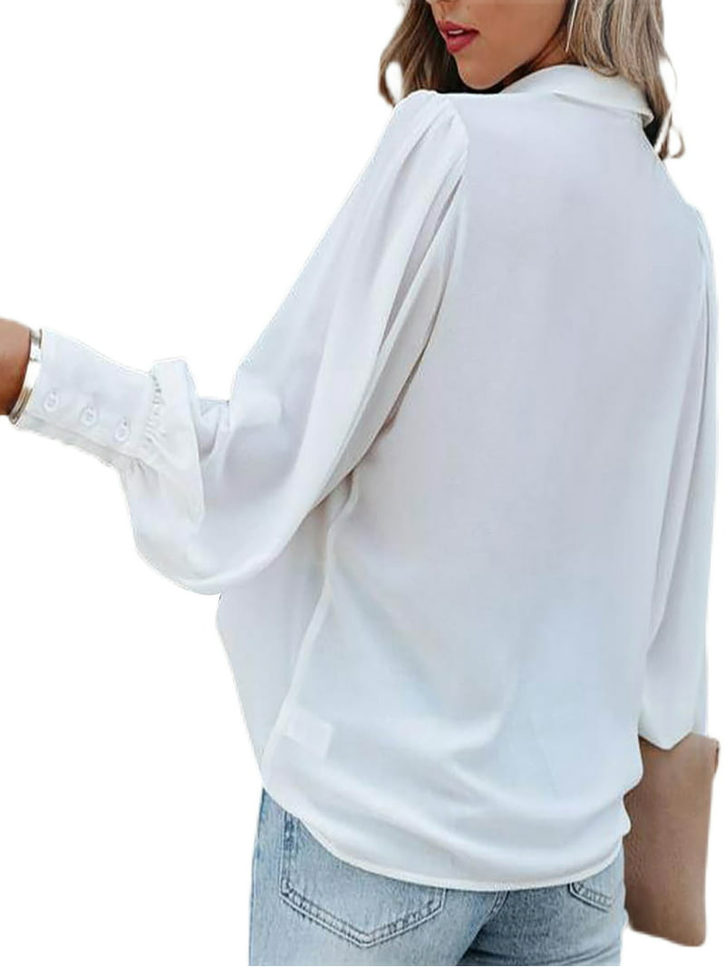 MAWCLOS Womens Sleeve Button Down Shirt Casual Solid Color V Tops - Walmart.com