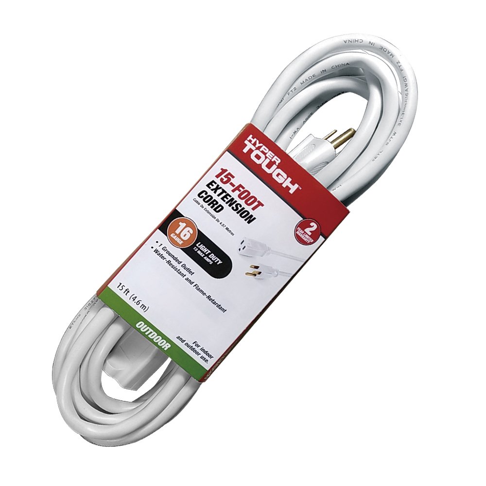 Hyper Tough 15FT 16AWG 3 Prong White for Outdoor and Indoor Use Single
