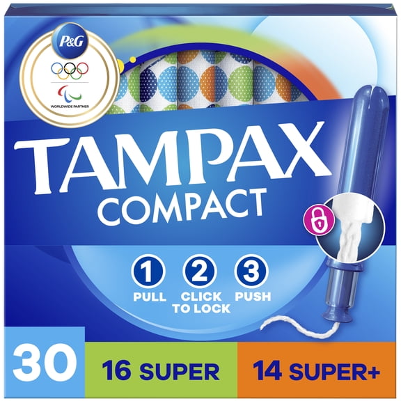 Tampax Compact Pearl Tampons Multipack, with LeakGuard Braid & Extendable Applicator, Super/Plus Absorbency, Compact Extendable Applicator, Unscented, 30 Count