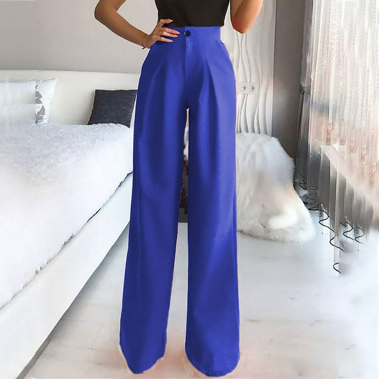 Reduce Price RYRJJ Women's Elegant Dress Pants Office Casual Wide Leg High  Waisted Button Down Straight Long Trousers Work Pants(Blue,S)
