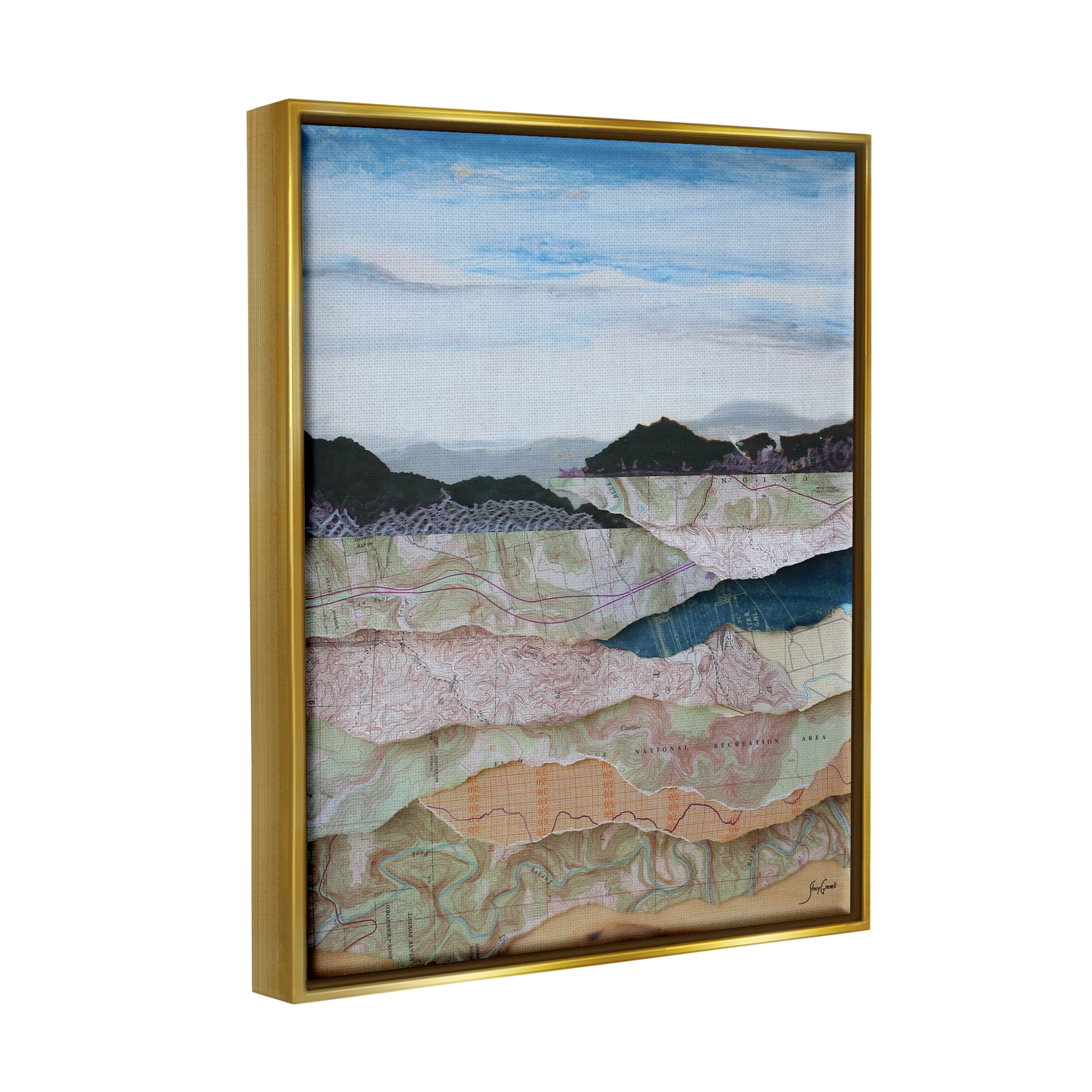 Stupell Industries Map Collage Landscape Nature Painting Gold Floater Framed Art Print Wall Art, 25 x 31