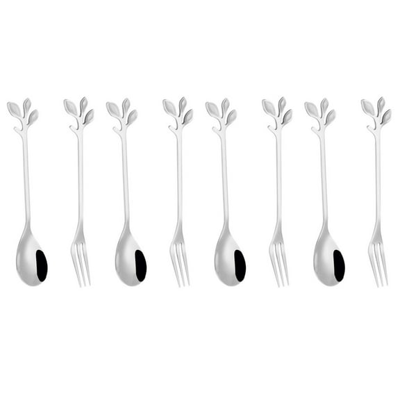 Masteelf 8pcs Stainless Steel Spoon Fork Creative Leaves Shape Design for Home Restaurant Hotel (Silver)