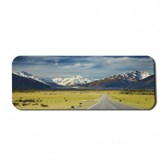 Mountain Computer Mouse Pad, Landscape with Road and Snow Capped Mountains Southern Alps New Zealand, Rectangle Non-Slip Rubber Mousepad Large, 31" x 12", Navy Blue White Olive, by Ambesonne