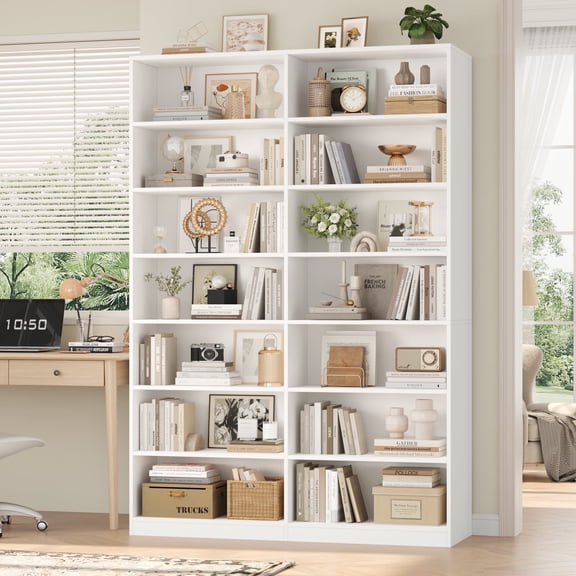 Hiphuta 84"H Double Wide 7-Tier Bookcase, Large Modern Bookcase with 14 Cubes for Home Office and Living Room, Freestanding Display Book Shelves, White