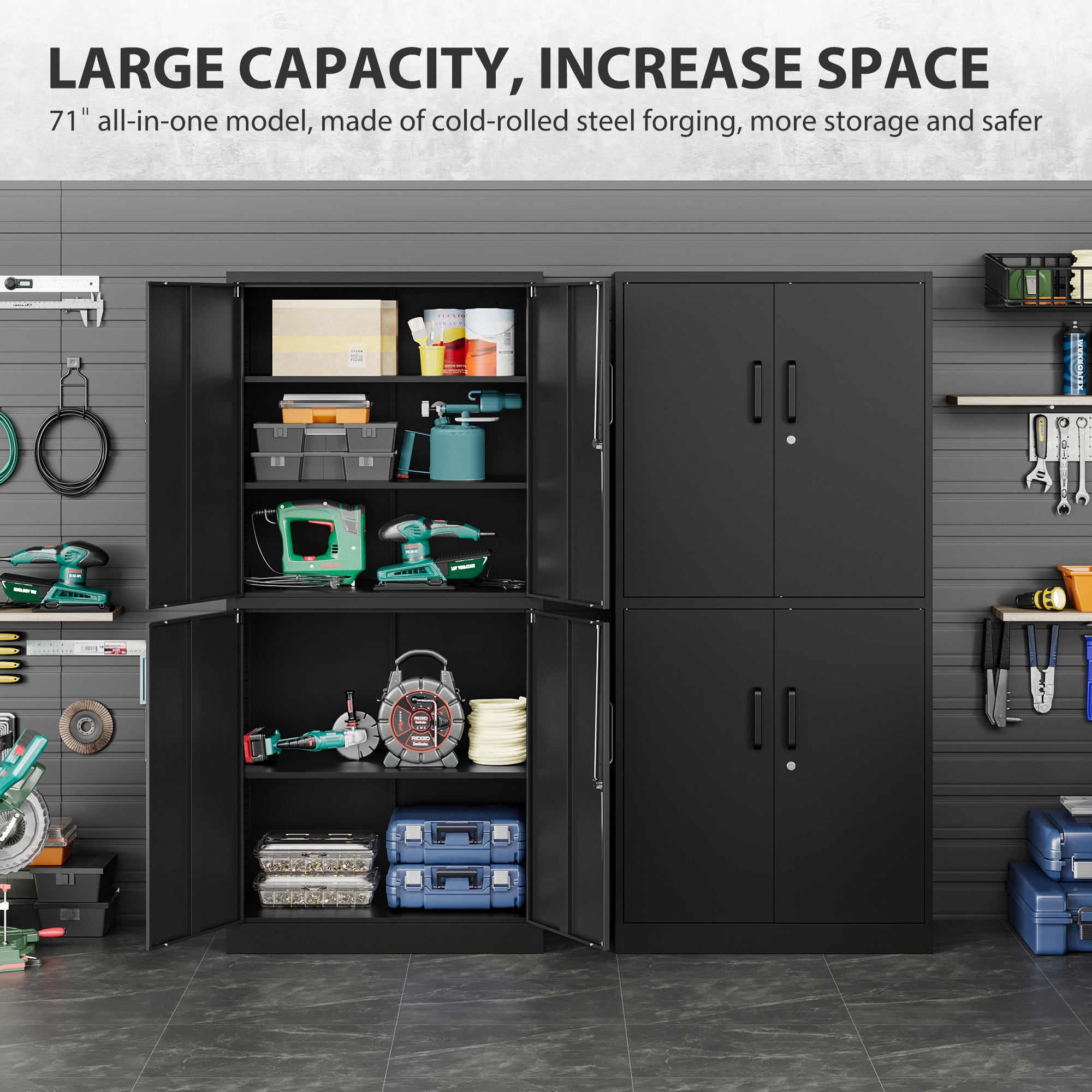 Fesbos Metal Storage Locking Cabinet with 4 Doors and 3 Adjustable Shelves,71" Lockable Tall Steel Garage Cabinet for Home Office,Living Room,Pantry