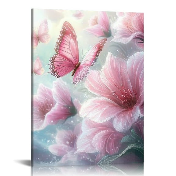 ZFLMY Pink Flowers Butterflies Canvas Print Wall Art Home Decor 12x16in