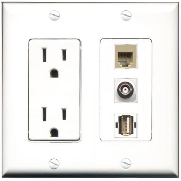 RiteAV - 15 Amp Power Outlet 1 Port USB A-A 1 Port Phone Beige 1 Port BNC Decorative Wall Plate