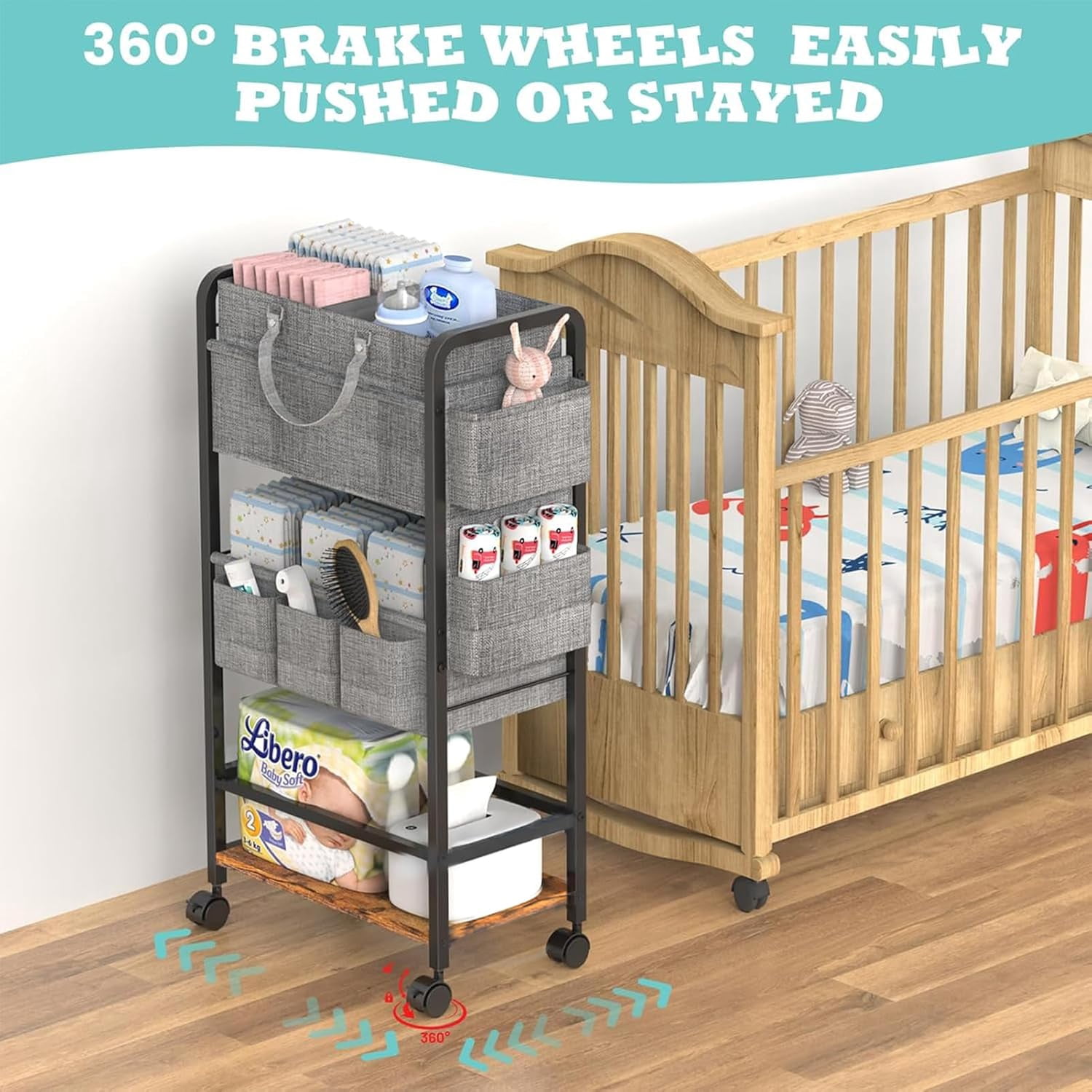 2In1 Baby Diaper Caddy & 4-Tier Rolling Diaper Cart, Diaper Caddy Organizer Cart with Dividers & Drawer, Mobile Metal Bedside Cart for Nursery Essentials Storage, Large Capacity