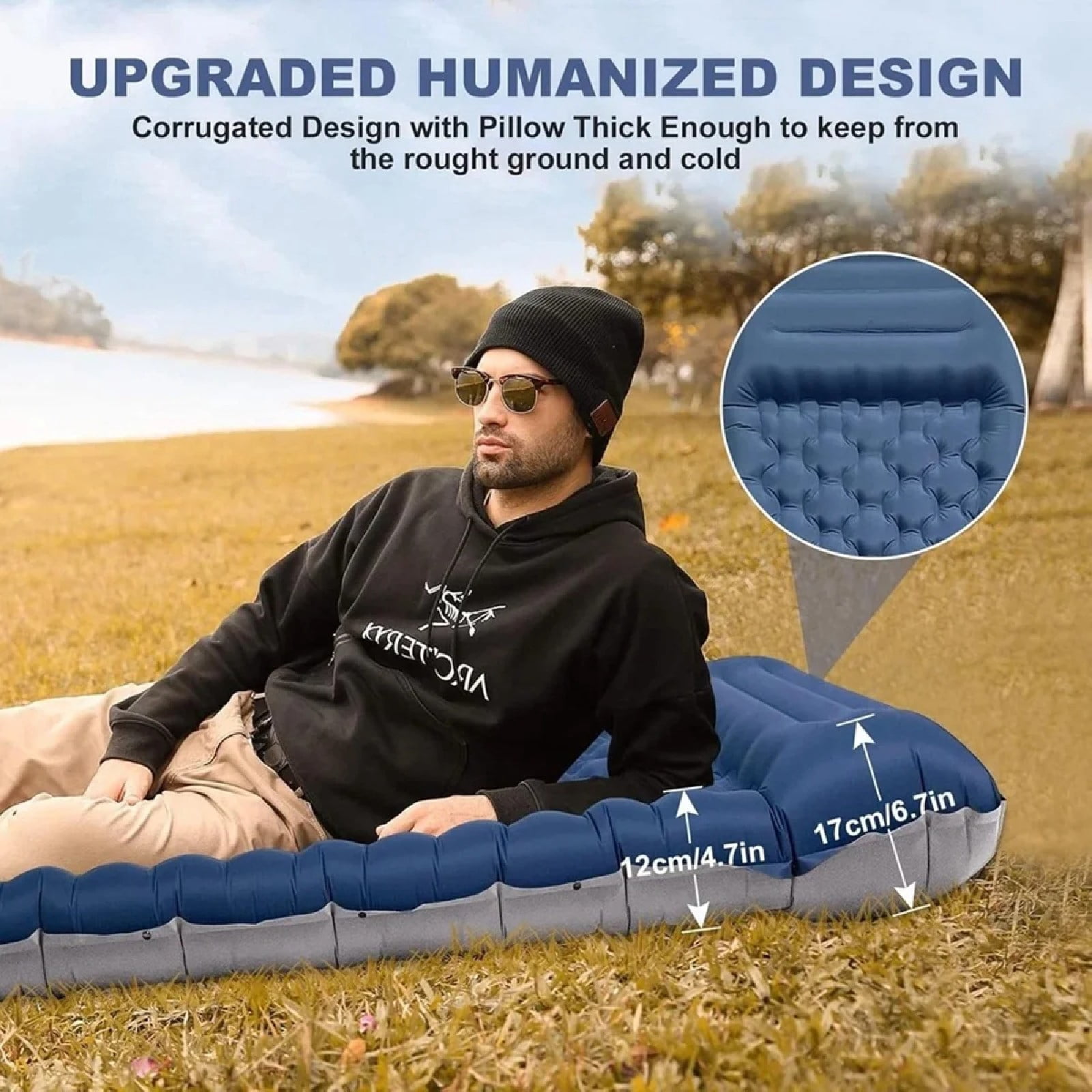 JOVELL Inflatable Sleeping Pad with Built-in Foot Pump & Pillow, 4.7" Thick Waterproof Camping Air Mattress, Self Inflating Sleep Pad for Backpacking, Hiking, Tent, Navy