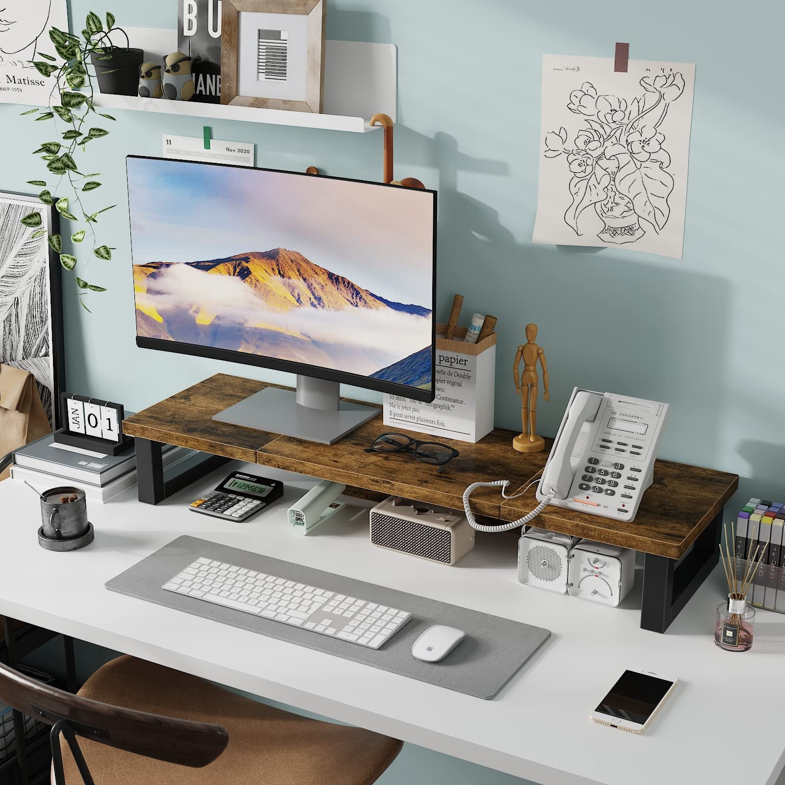 Dual Monitor Stand Riser  Wood And Steel Computer For 2 Monitors Multi-purpose Desktop Storage Laptop Printer Tv