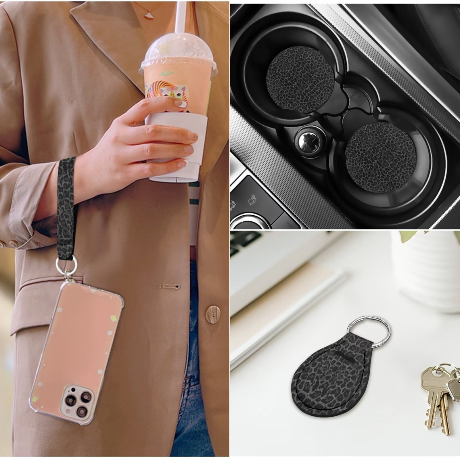 HUIACONG Black Leopard Print Car Seat Covers Full Set for Women Cheetah Print Car Accessories 14 Pcs Including Seat Belt Covers Steering Wheel Cover Armrest Cover Headrest Cover Coasters Keychain