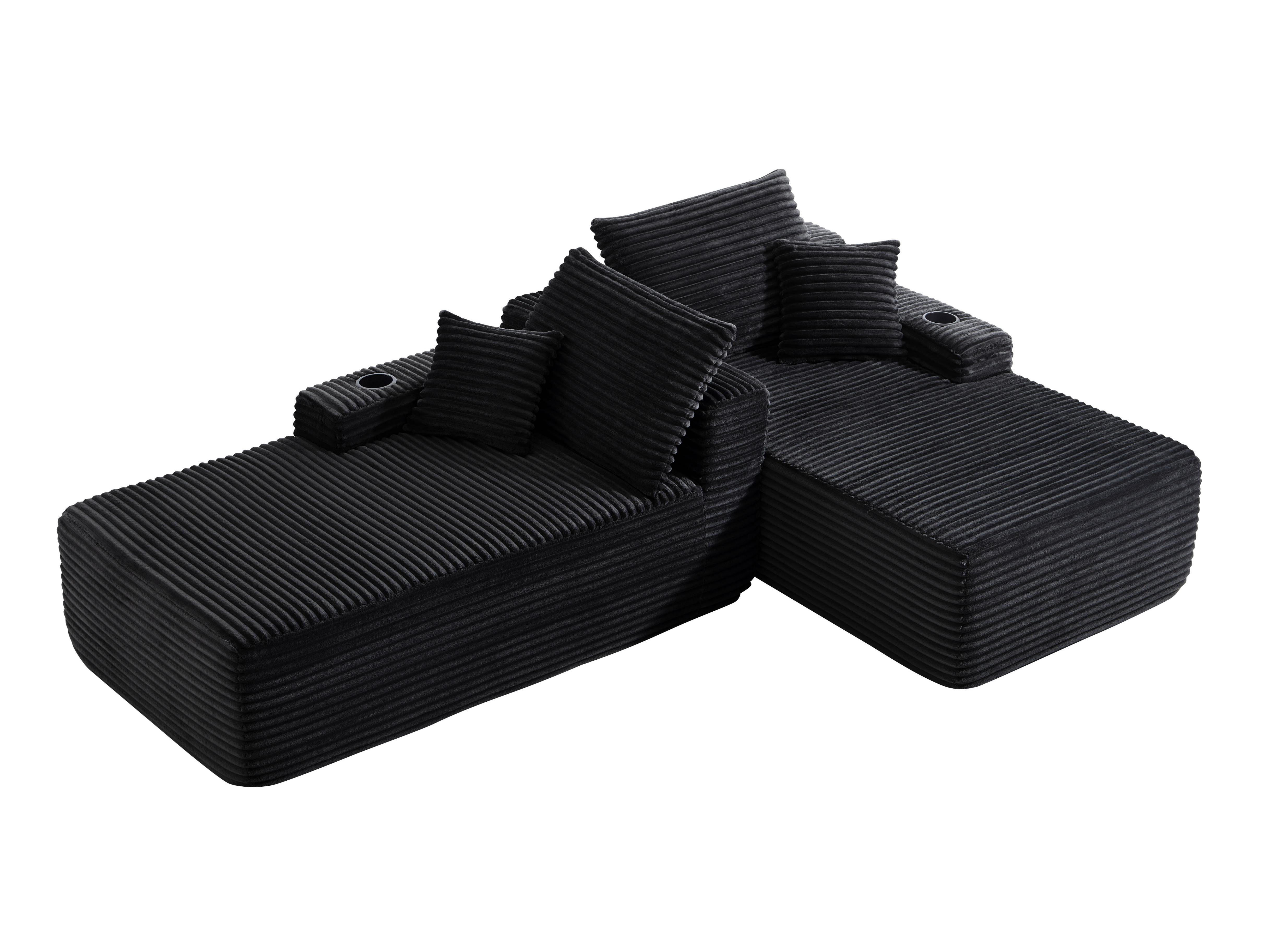 Modular Double Chaise Lounge Chair Indoor, 69" Wide Striped Corduroy Couch Set with Cup Holders & Storage Pockets for Living Room Home Theater, Black