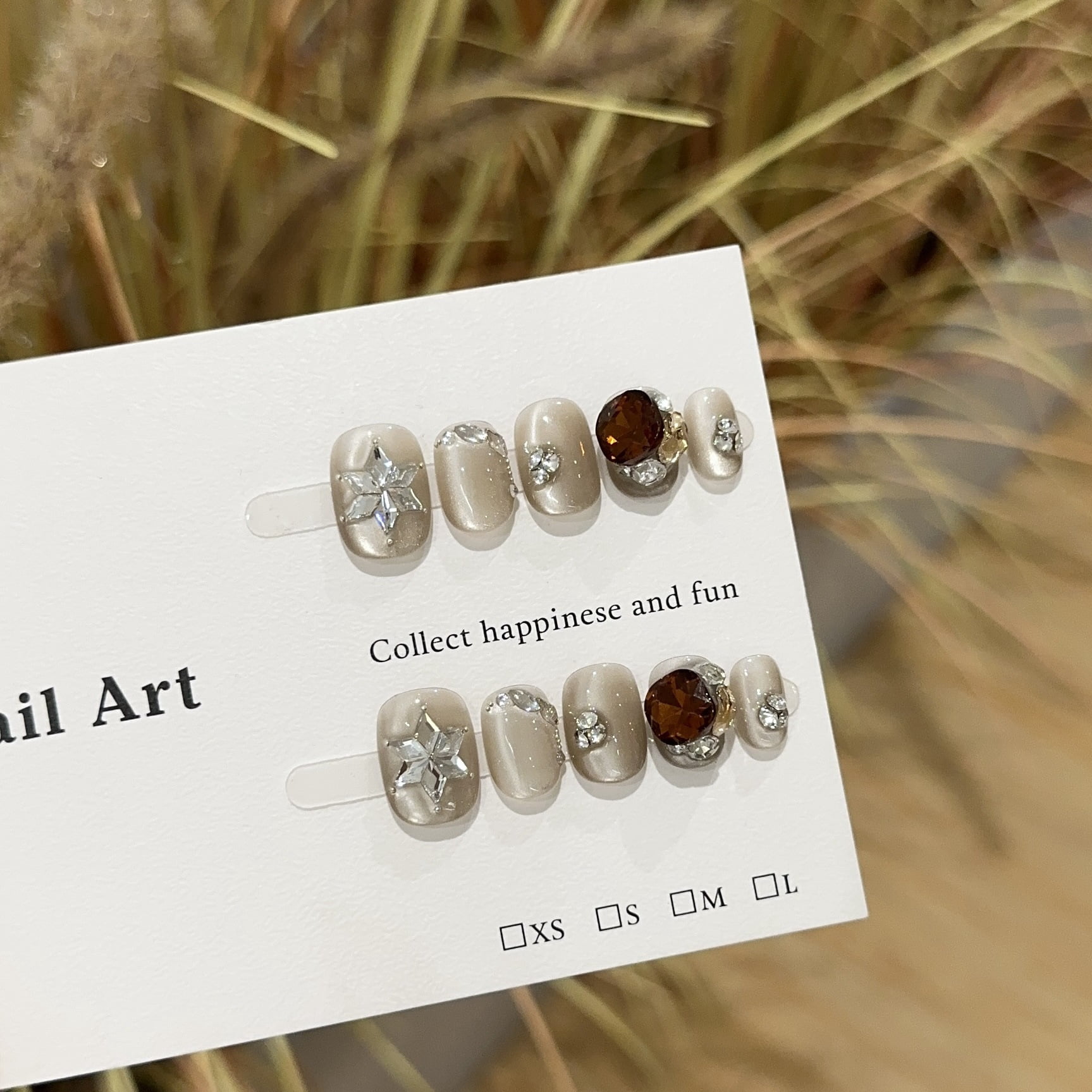 Purely handmade wearing nail, high-end milk coffee color cat eye short nail art piece, white hexagram spell diamond fake nail patch