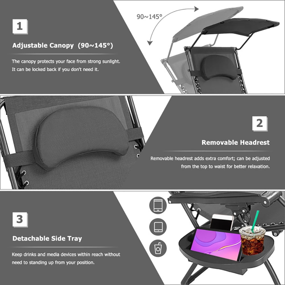 Aimee Lii Folding Recliner Lounge Chair with Shade Canopy Cup Holder, Outdoor Patio Furniture, Black