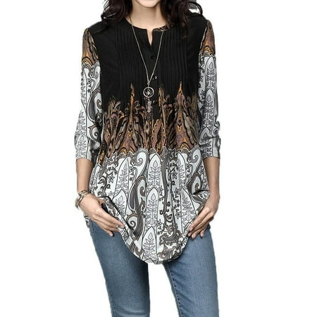 Women's Fashion Floral Print Tunic Top Boho Pleated Blouse Tops