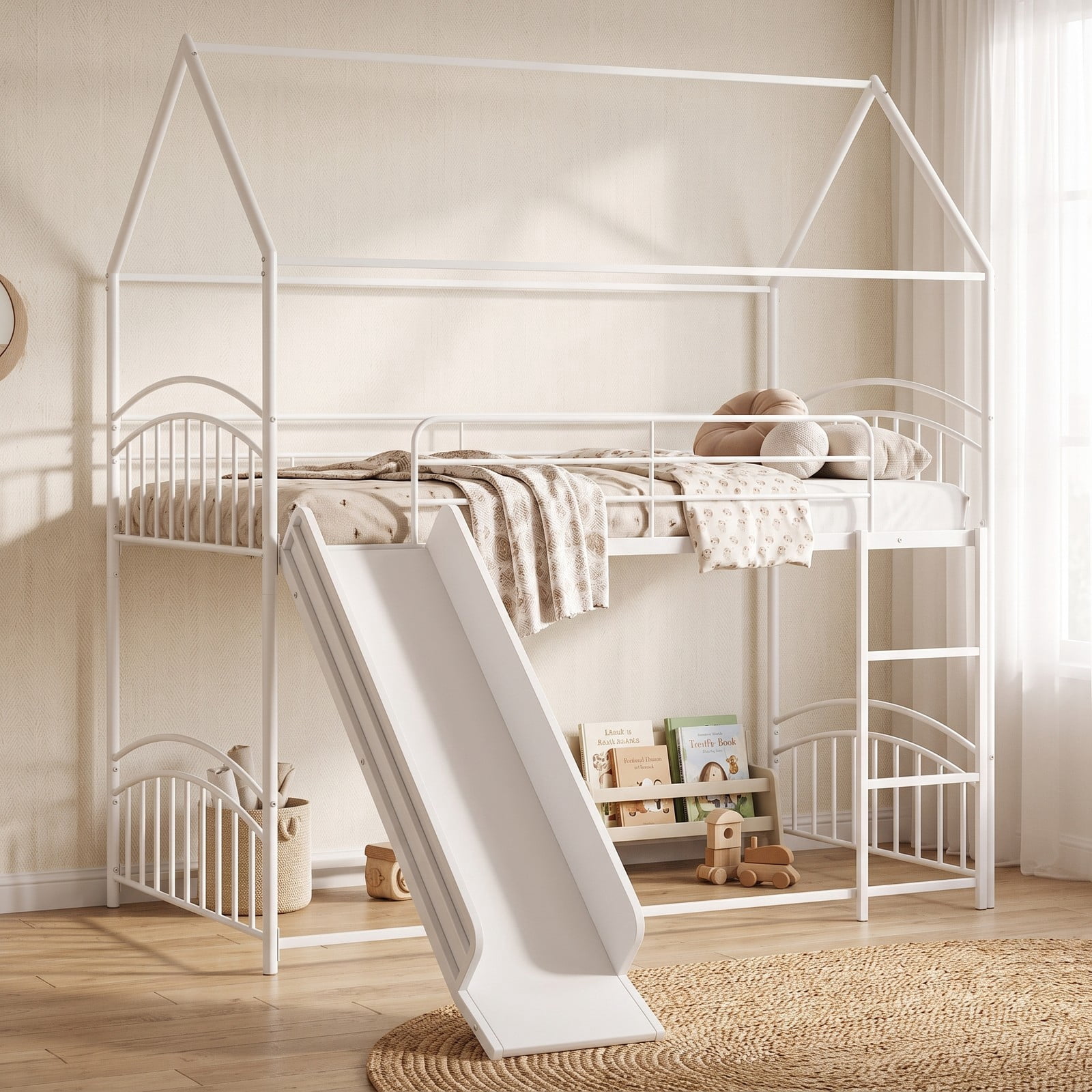 Furnibear Twin Over Twin House Bunk Bed with Slide Ladder and Heavy-duty Metal Slats for Kids and Shared Bedrooms, White