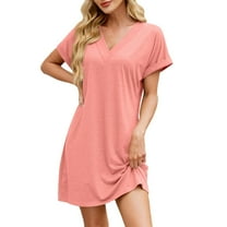 Women's Nightgowns & Sleepshirts Solid Color V Neck Loose Short Sleeved Casual Sleep Dress Sleepwear Pink M