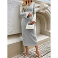 thumbnail image 3 of Womens V Neck Casual Knitted Long Sleeve Maxi Dress Slim Fit Ribbed Out Fall Winter Fashion Clothes Flower Gray XL, 3 of 7