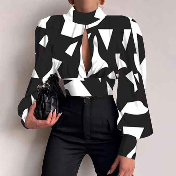 Puntoco mujeres Casual manga larga linterna sin espalda vendaje ahueca hacia fuera el cuello del soporte tops cortos impreso blusa adelgazante camisas Puntoco Puntoco-7516